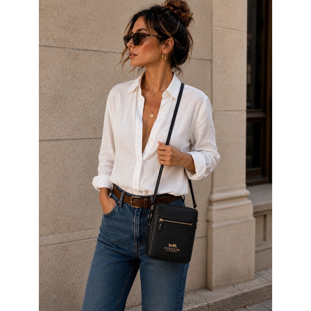 Coach Rowan File Bag Black‎ Crossgrain Leather Crossbody C1556 Gold Hardware